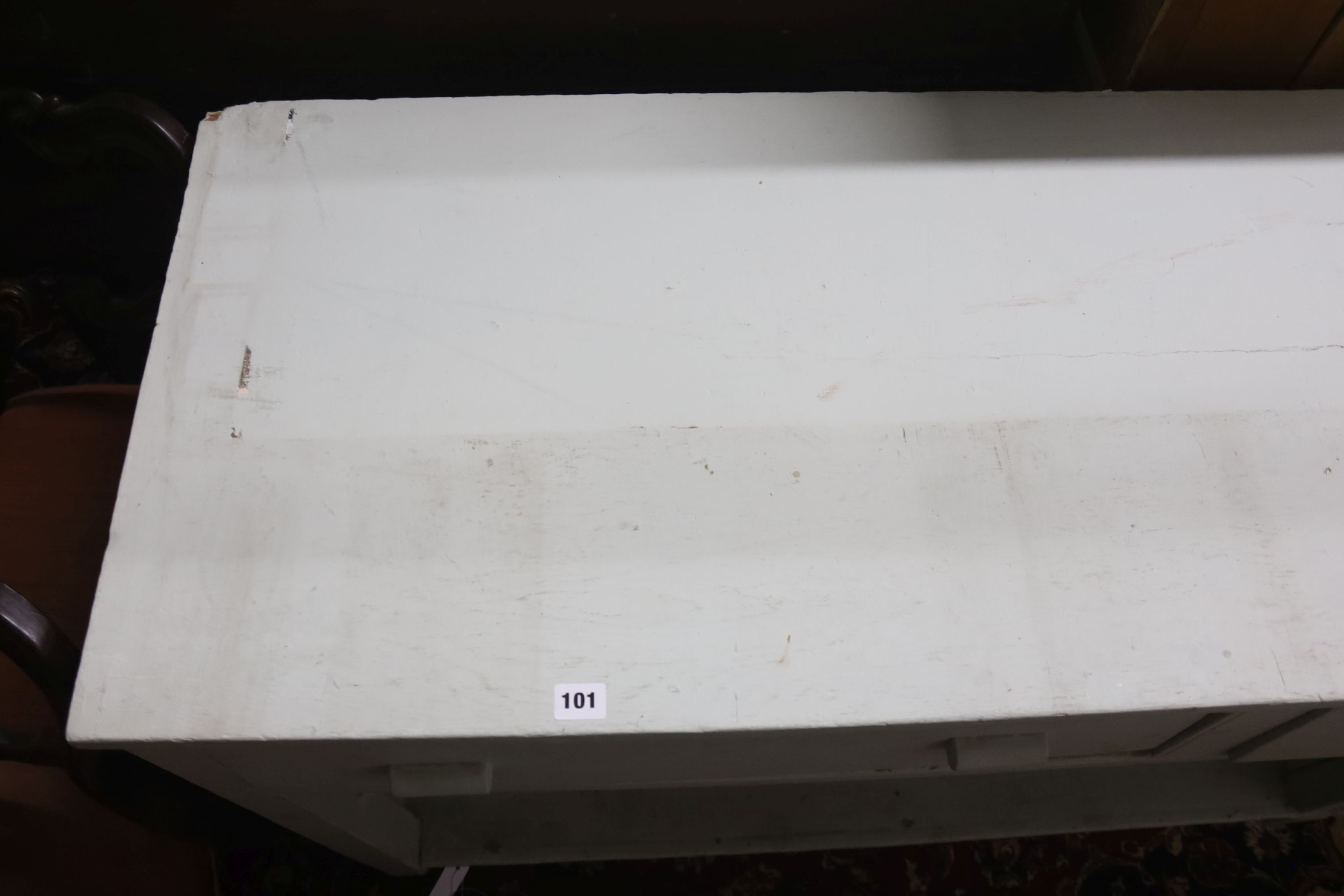 A Victorian painted pine pot board low dresser, length 162cm, depth 53cm, height 83cm